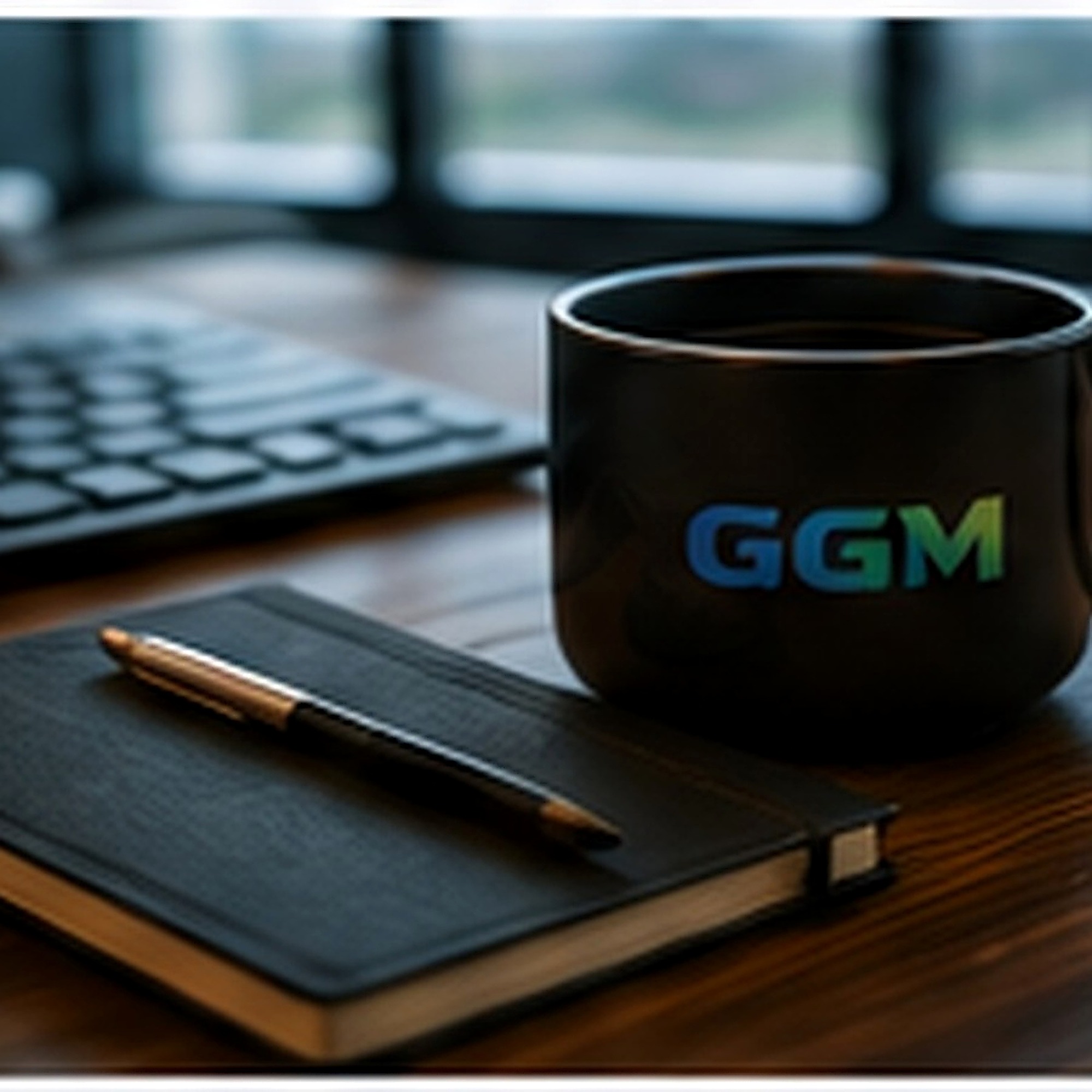 Modern marketing workspace with computer, coffee and notebook