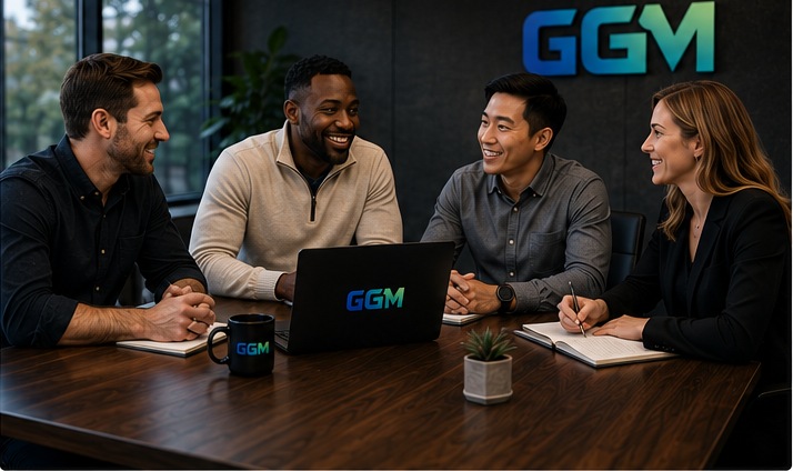 Marketing team collaborating around a table